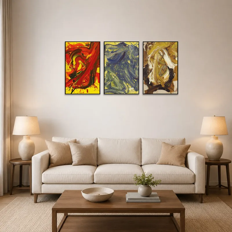 Dynamic abstract artwork in vibrant hues on living room wall above a modern sofa.