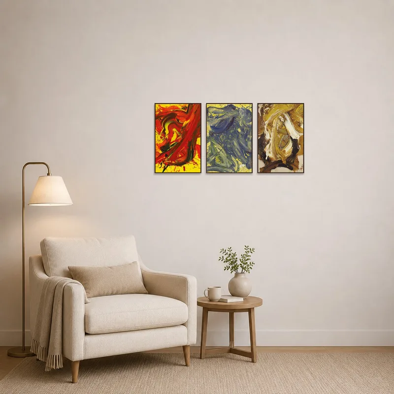 Dynamic abstract piece creates an inspiring vibe in a cozy reading corner.