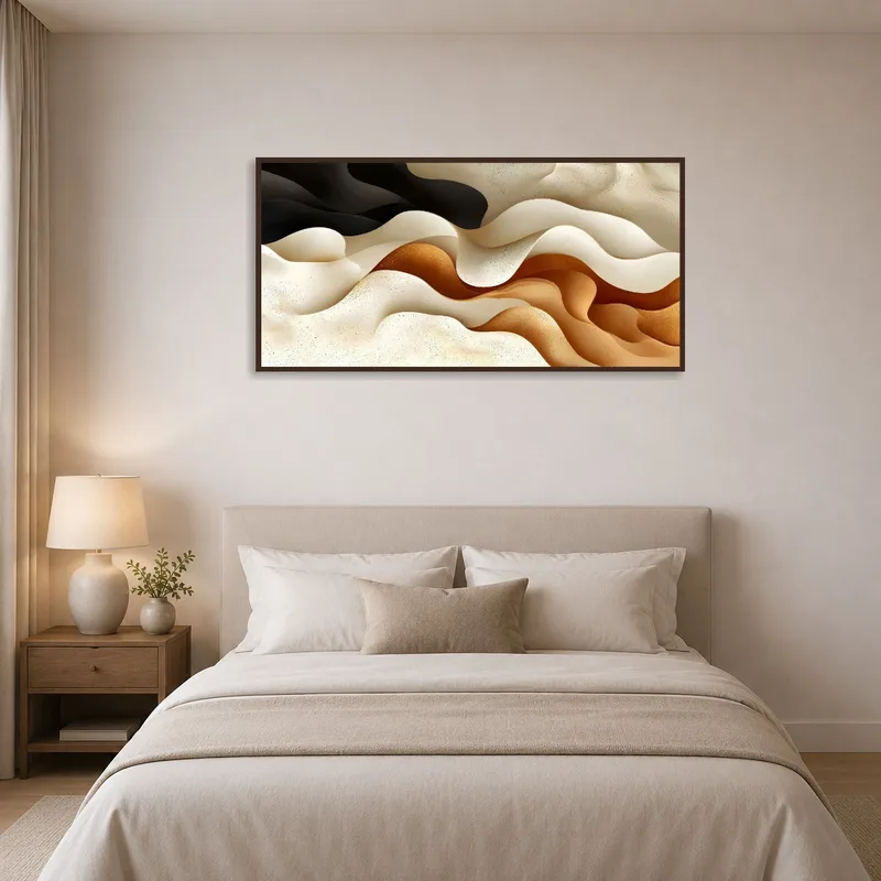 Abstract wave artwork enhancing the relaxing atmosphere of a bedroom.