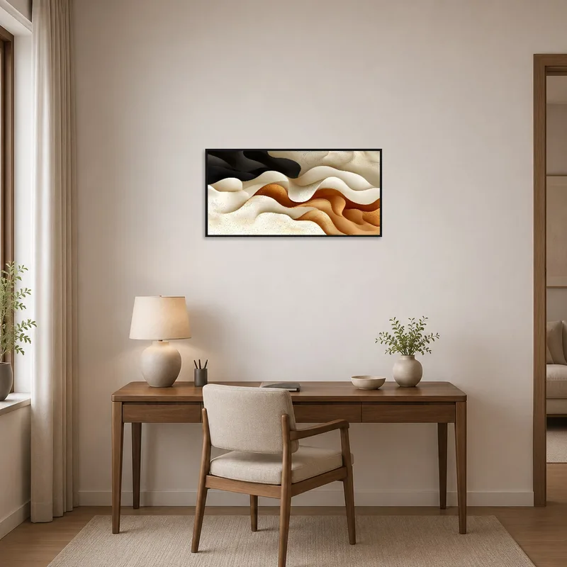 Earthy toned abstract waves inspiring creativity in a home office scene.