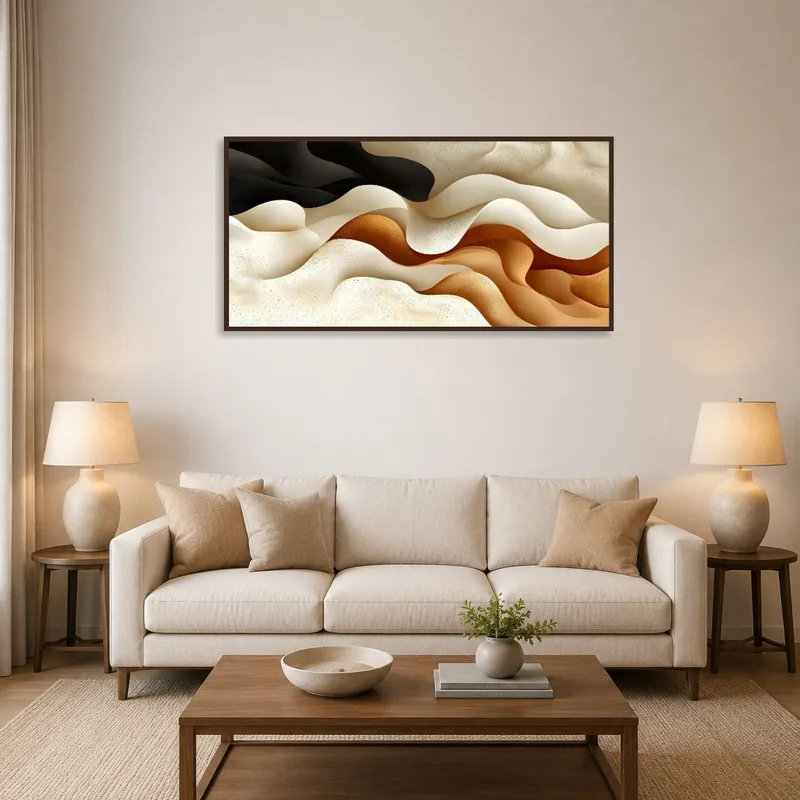 Abstract waves in earthy tones above a modern sofa in a cozy living room.