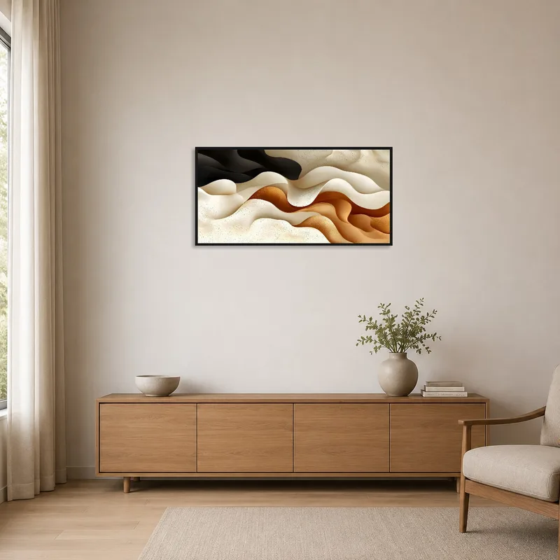 Earthy toned abstract waves adding texture to a minimalist wall setting.