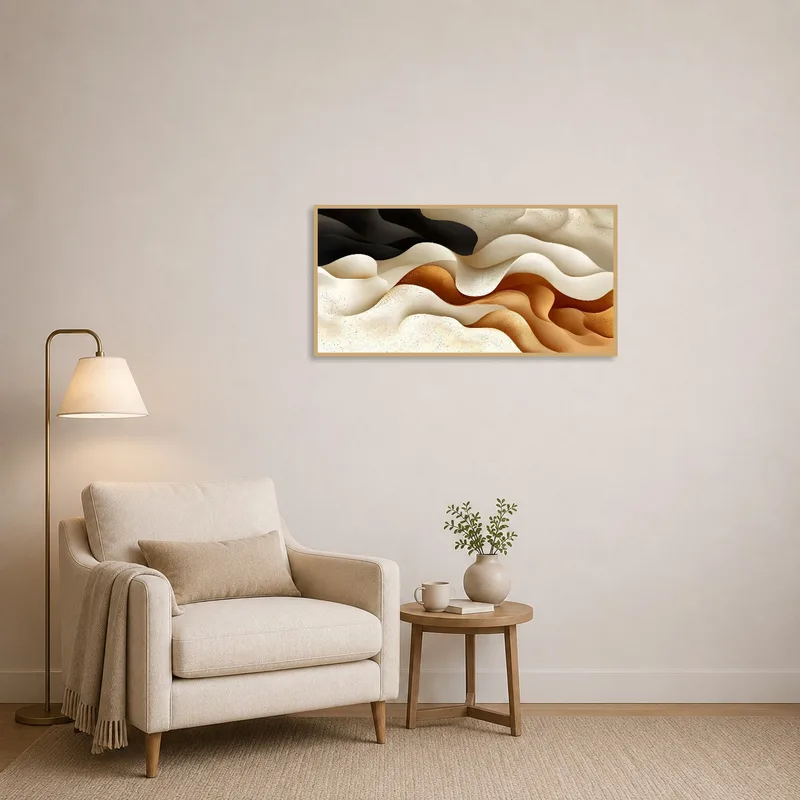 Earthy abstract waves offering calm in a reading corner with a comfy chair.
