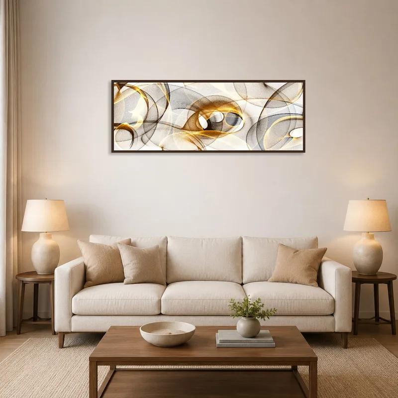Colorful abstract wave art on living room wall above a modern sofa.