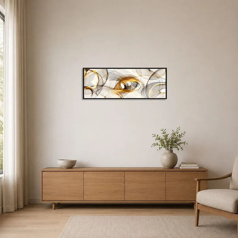 Abstract wave art as a centerpiece on a minimalist white wall.