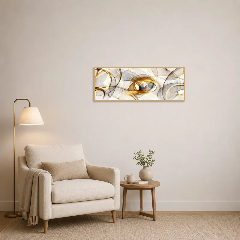 Vibrant abstract wave art near a cozy reading chair and lamp.