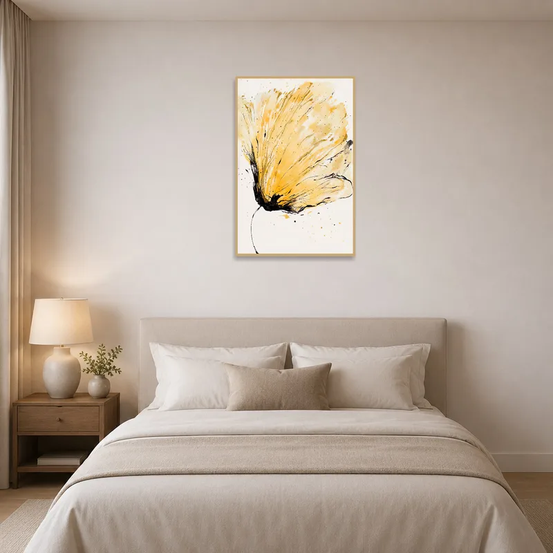 Calming bedroom ambiance with dynamic yellow floral brushstroke art.