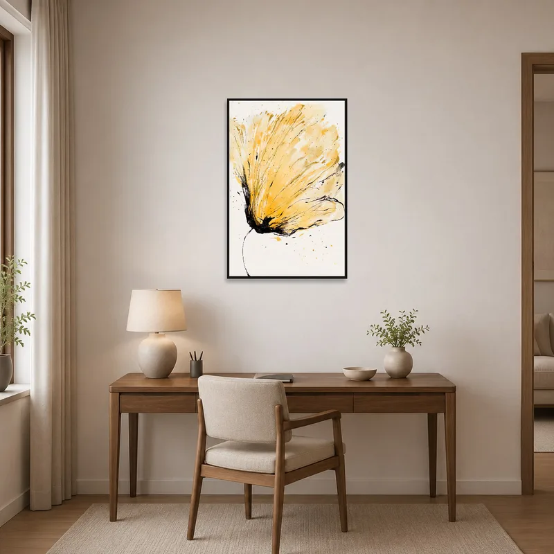 Home office enriched by energetic abstract yellow floral brushstrokes.
