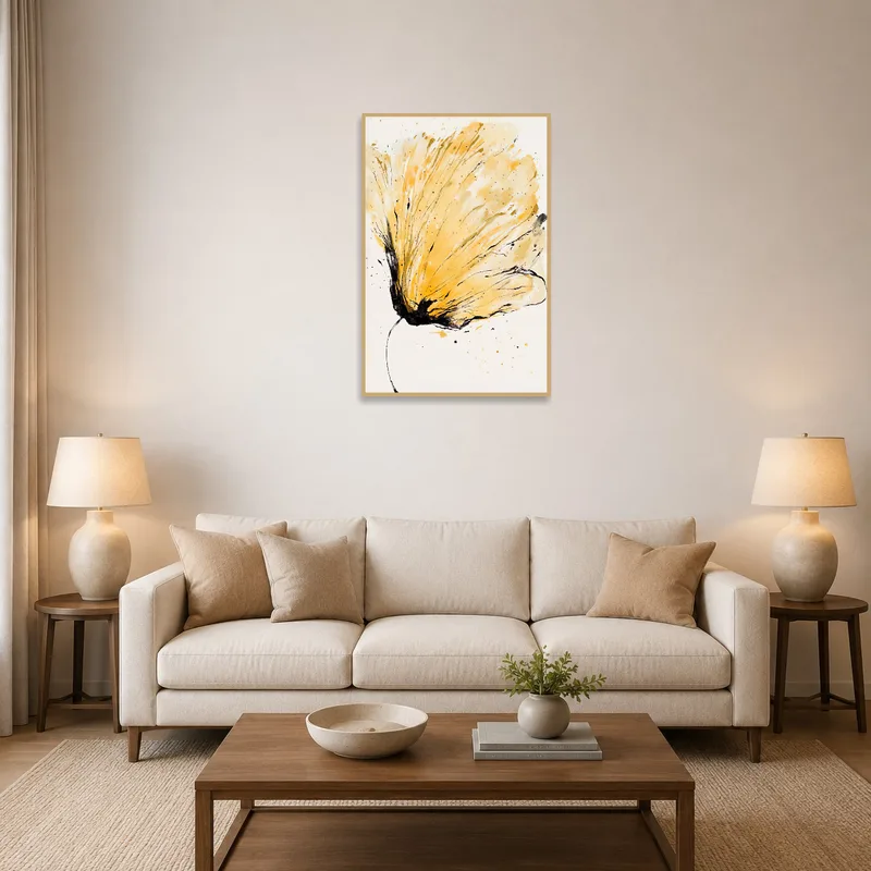 Abstract yellow floral brushstrokes add vibrancy to the living room decor.