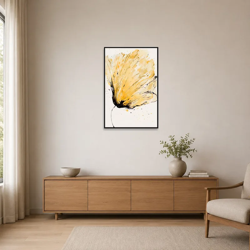 Minimalist room enhanced by dynamic yellow floral brushstrokes art.