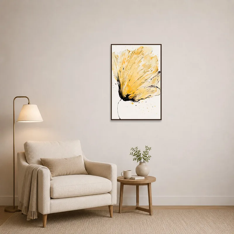 A reading corner featuring vibrant abstract yellow floral brushstrokes.