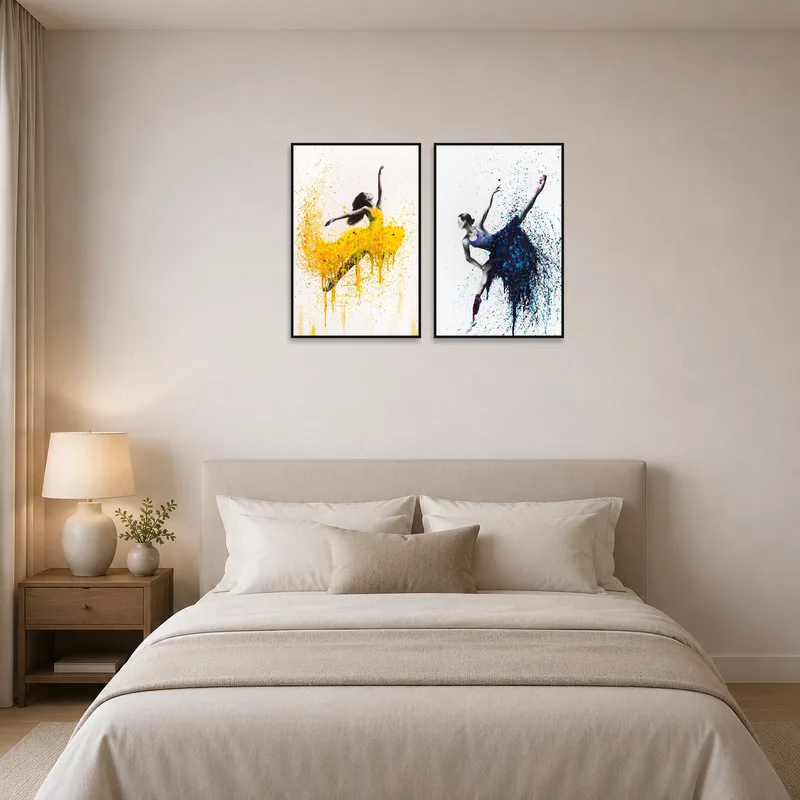 Colorful dancing prints bringing vitality to a serene bedroom.