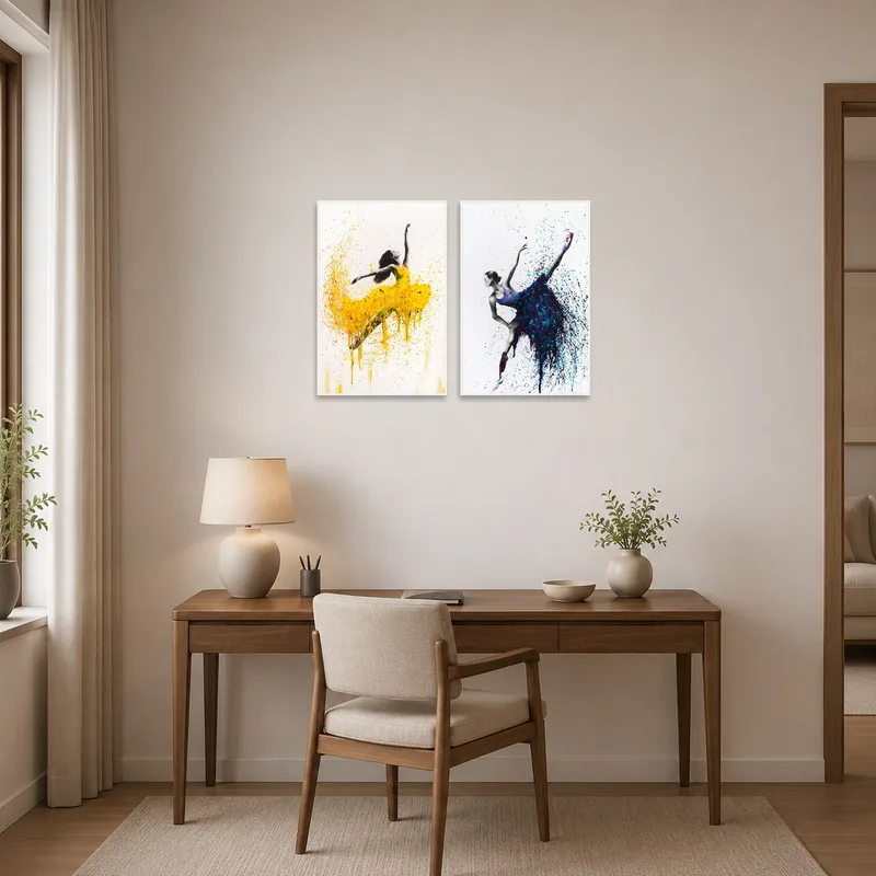 Dynamic dancing art inspiring creativity in a home office.