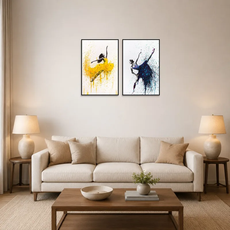 Colorful abstract prints of dancers in a lively living room.