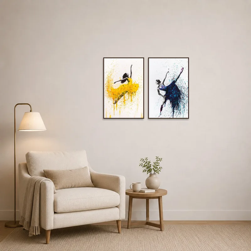 Energetic abstract dance art enlivening a cozy reading corner.