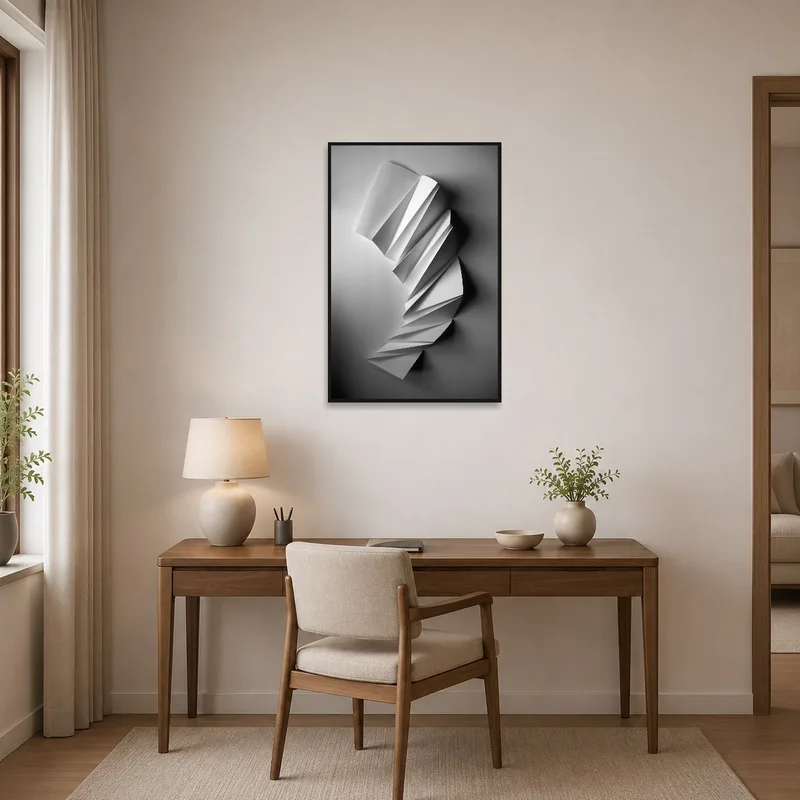 Monochrome paper sculpture print displayed on home office wall beside desk.