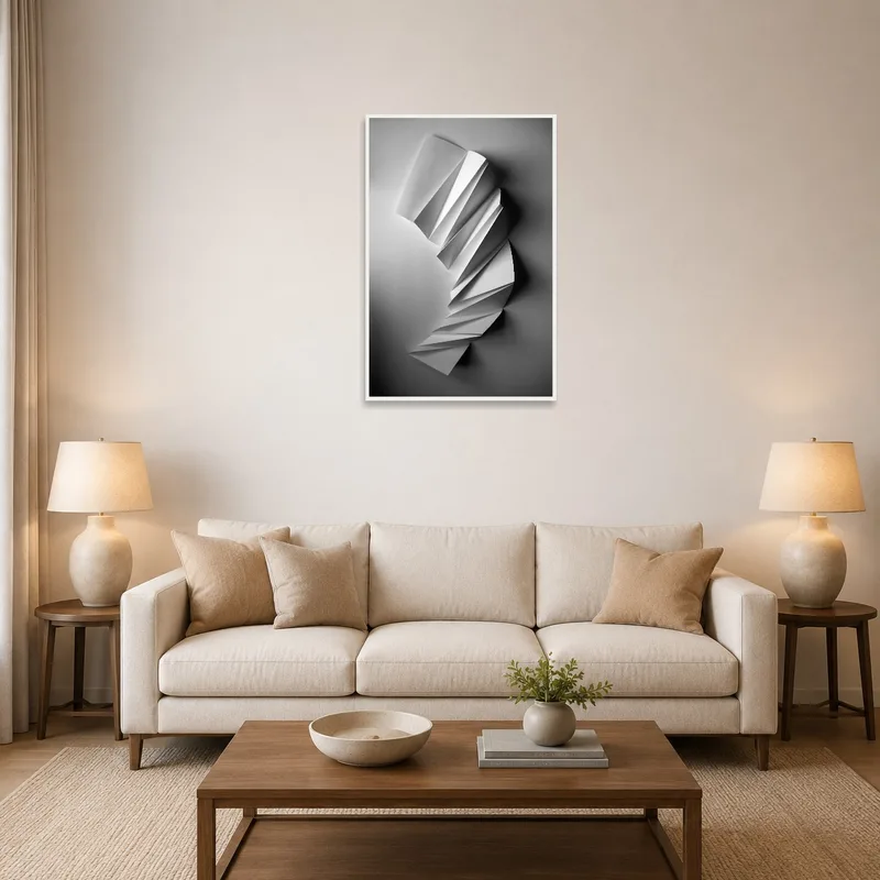 Dynamic monochrome paper sculpture print on living room wall behind modern sofa.