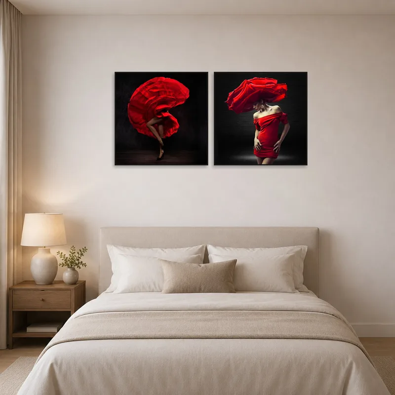 Sophisticated red dress fashion art set adorning a chic bedroom wall.