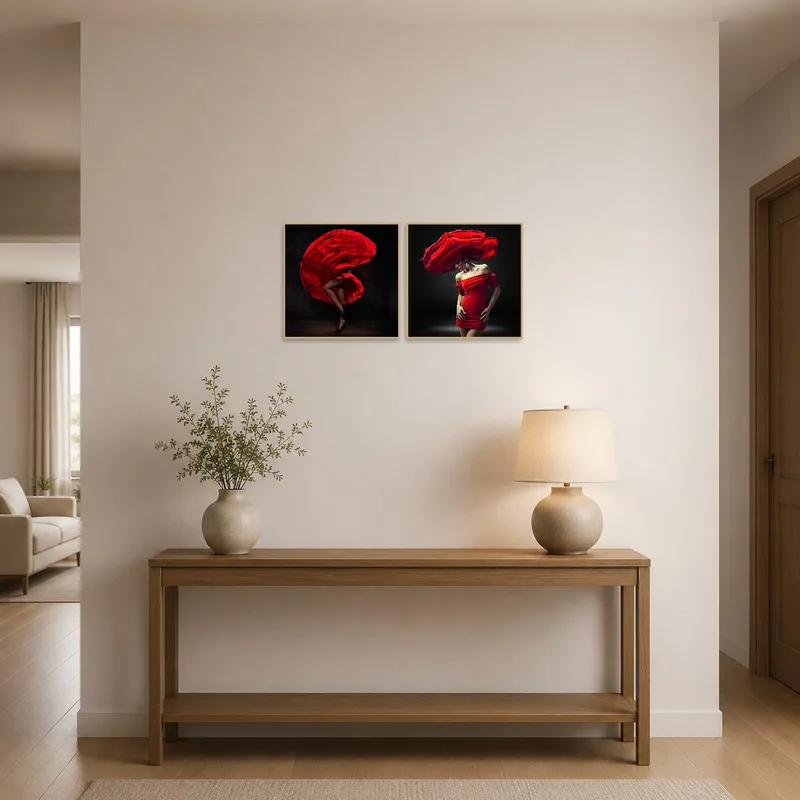 Fashion art set with red dress greeting visitors in a contemporary entrance hall.