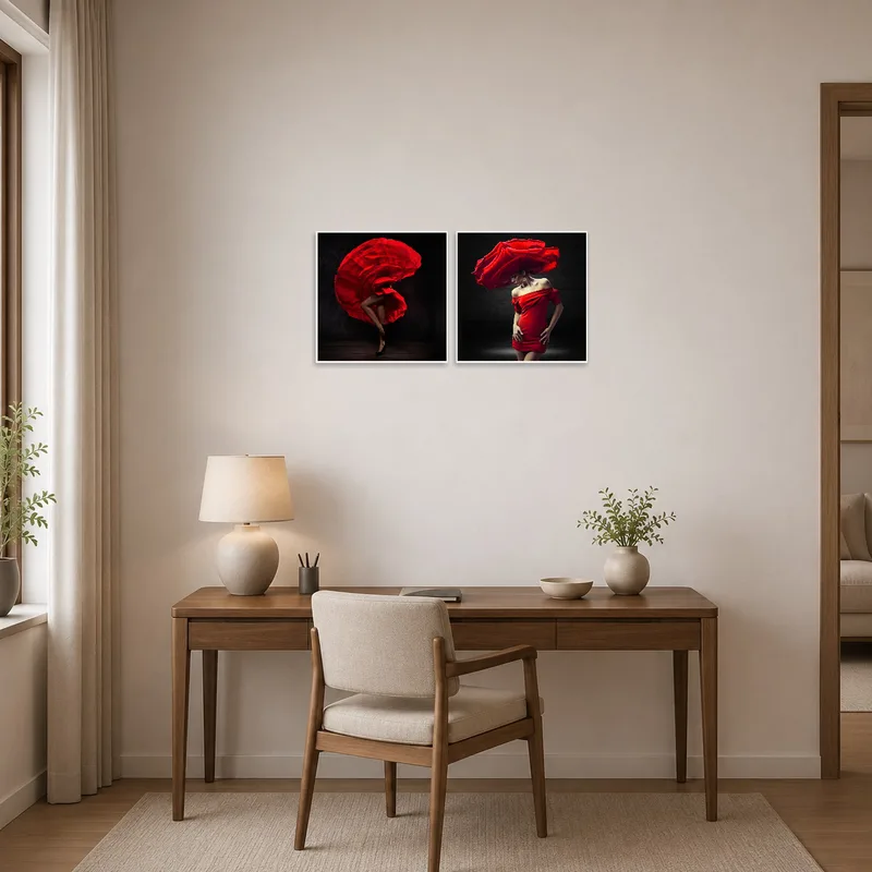 Dynamic red dress fashion art inspiring creativity in a modern home office.