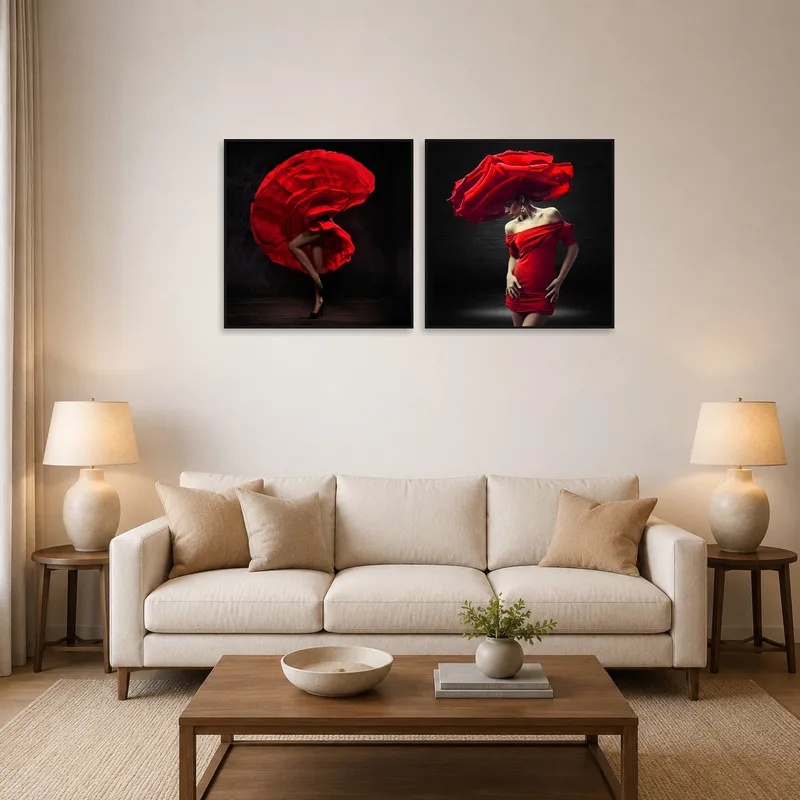 Fashion art set featuring dynamic red dress displayed above a modern living room sofa.