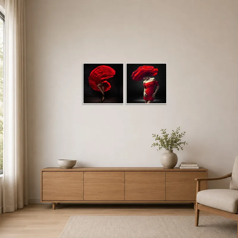 Stylish red dress fashion art in a minimalist setting with neutral walls and simple furnishings.