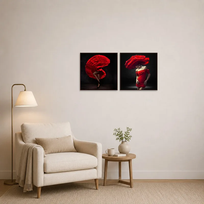 Red dress fashion pieces adding flair to a cozy reading corner.