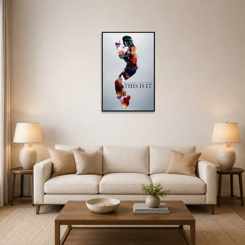Pop music art featuring dynamic silhouettes hangs in the living room beside a modern sofa.