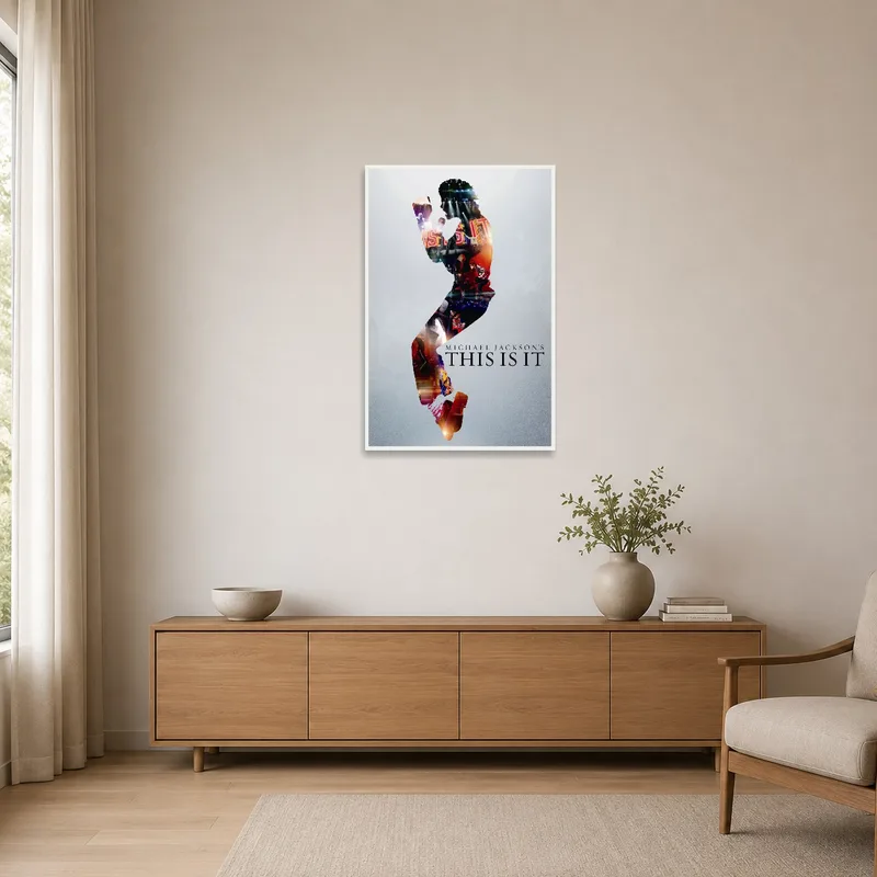 Silhouette pop music artwork complements the minimalist aesthetic with its vibrant presence.