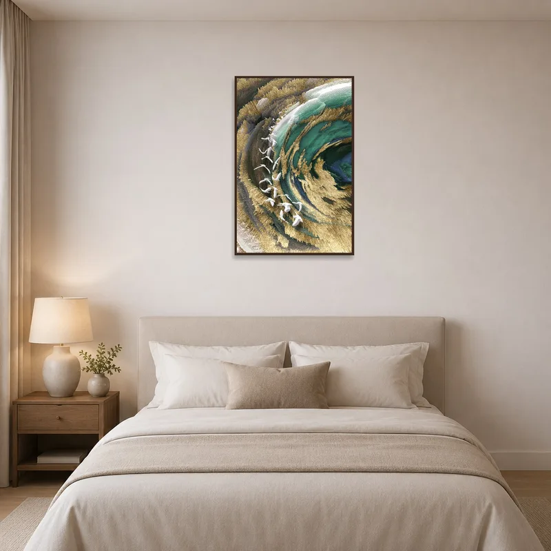 Dynamic swirl with abstract birds art enhancing bedroom ambiance.