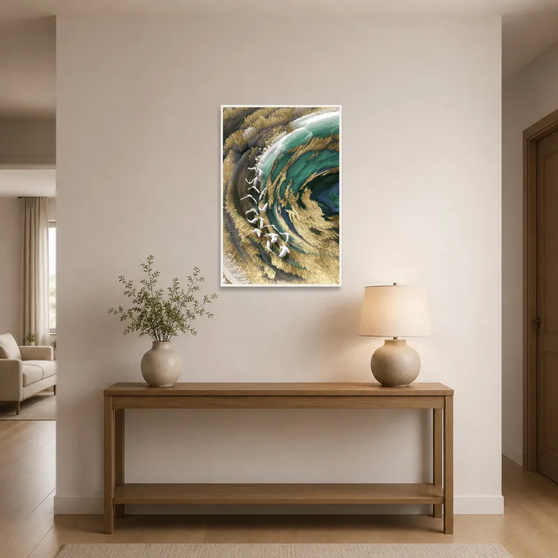 Entrance hall highlighted by dynamic swirl and abstract birds piece.