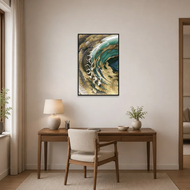 Home office featuring dynamic swirl and abstract birds composition.