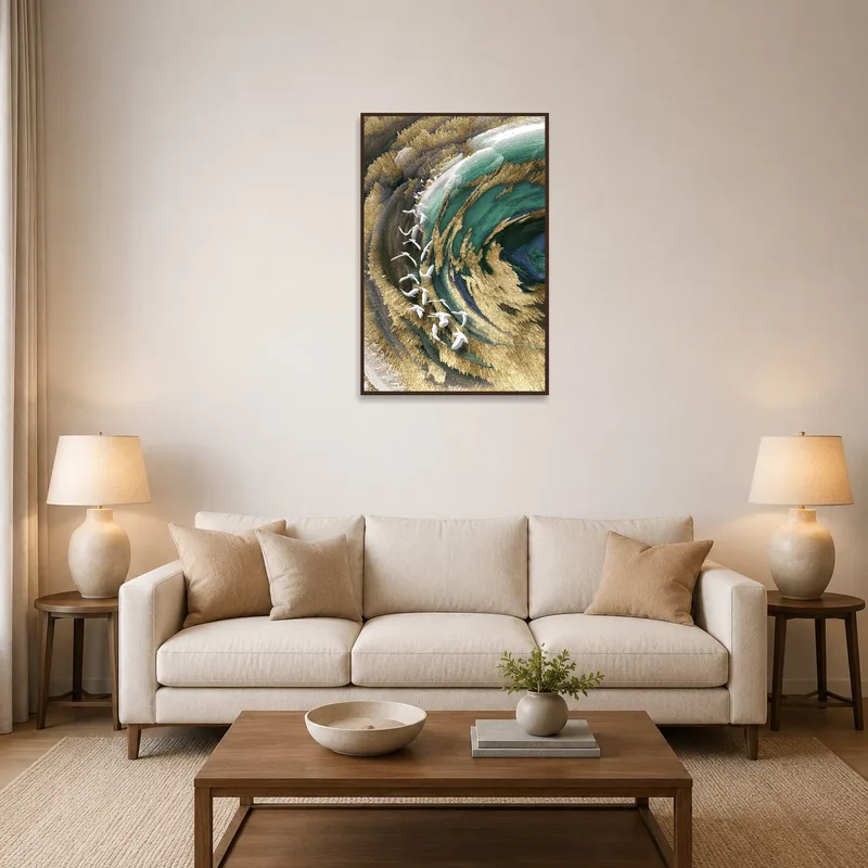 Dynamic swirl and abstract birds art in a cozy living room setting.