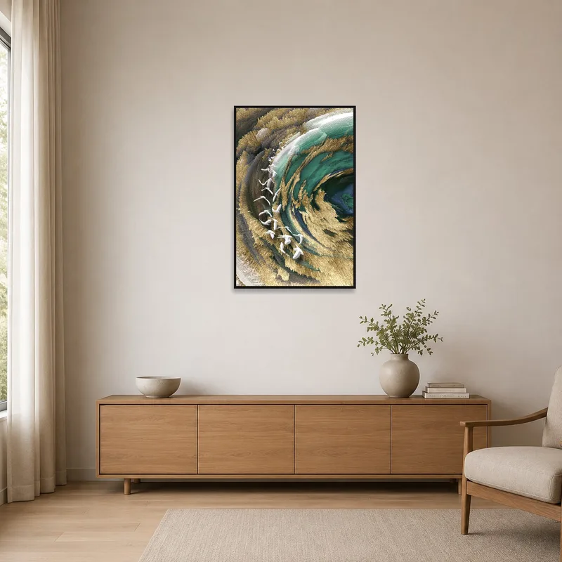 Minimalist space featuring dynamic swirl with abstract birds art.
