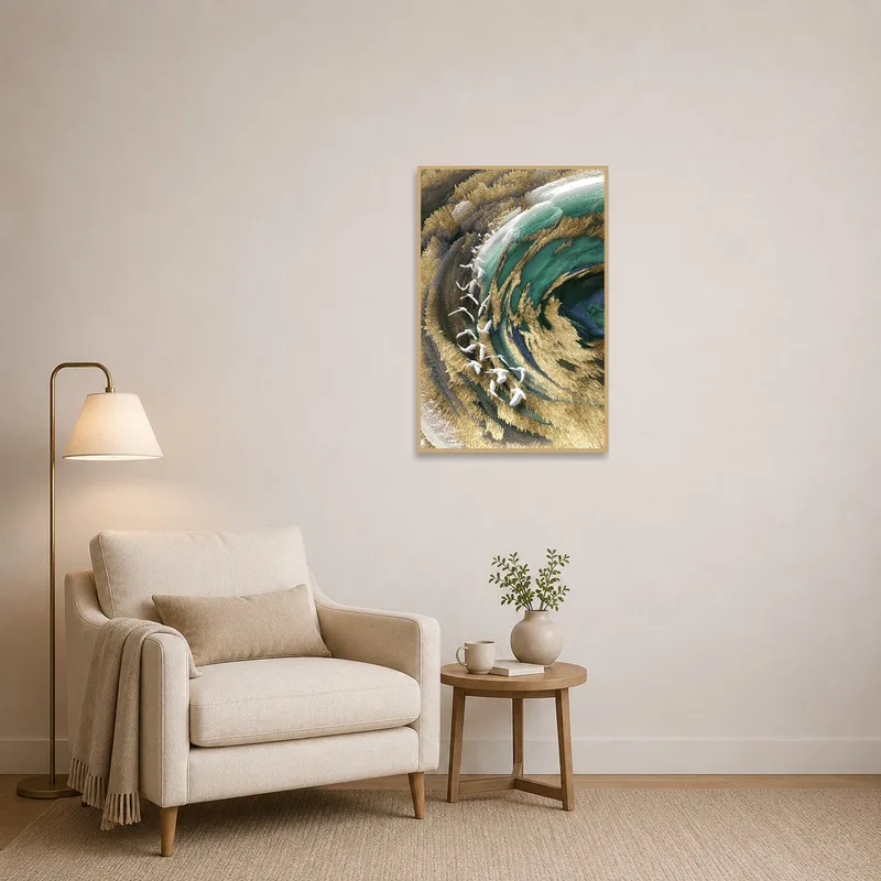Reading corner adorned with dynamic swirl and abstract birds art.