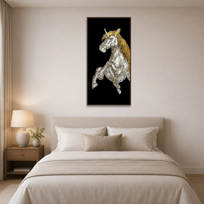 A mystical unicorn illustration with golden mane enriches the bedroom.