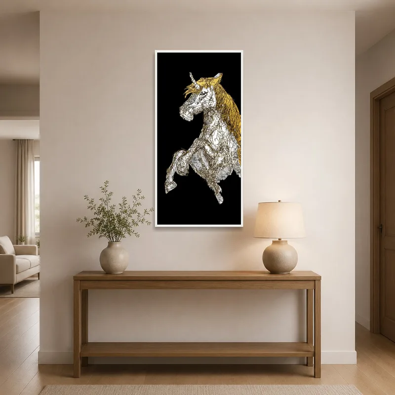 Golden-maned unicorn art welcomes guests in a stylish entrance hall.