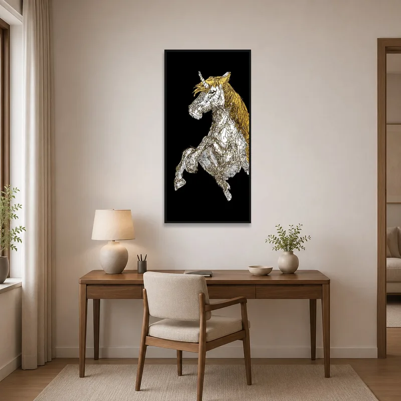 Colorful unicorn illustration with golden mane enlivens a home office wall.