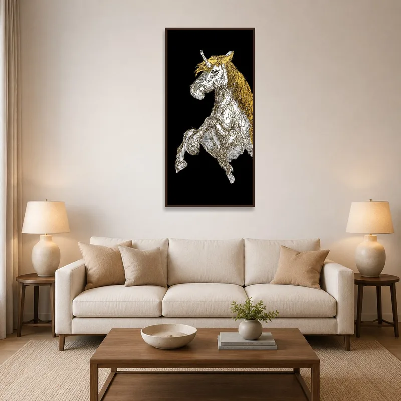 Vibrant unicorn art with golden mane brightens a cozy living room wall.