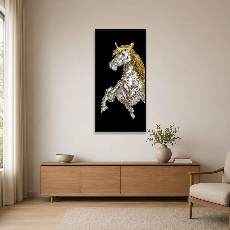Unicorn art with golden mane adds flair to a clean, minimalist space.