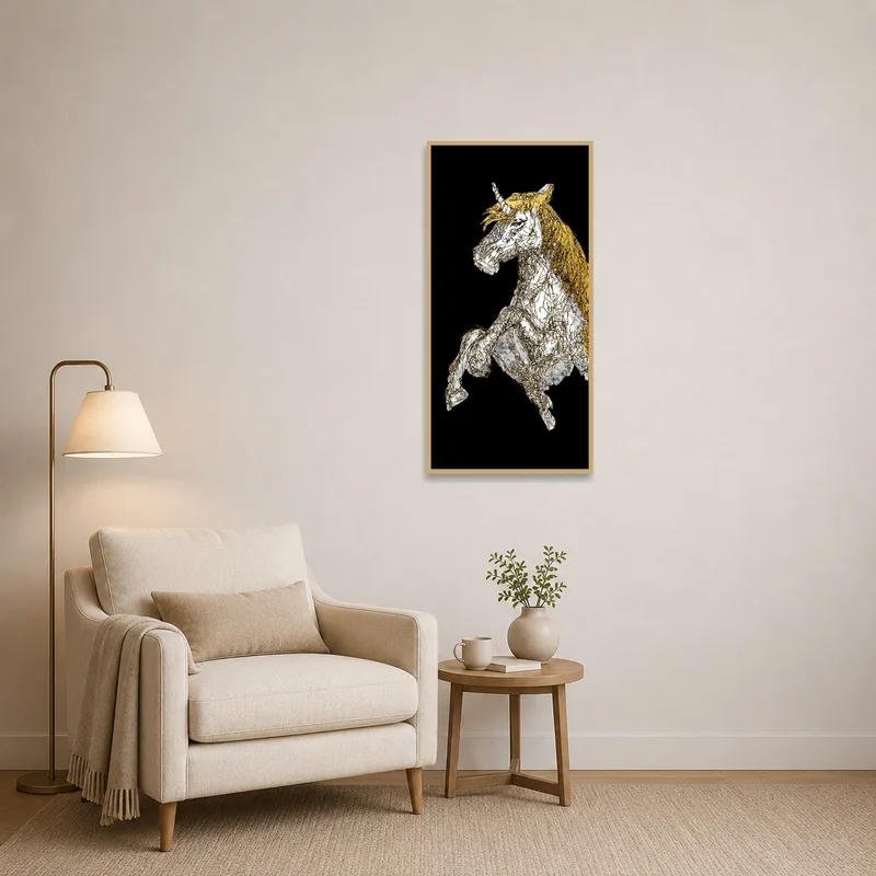 Unicorn art with a golden mane enlivens a serene reading corner.