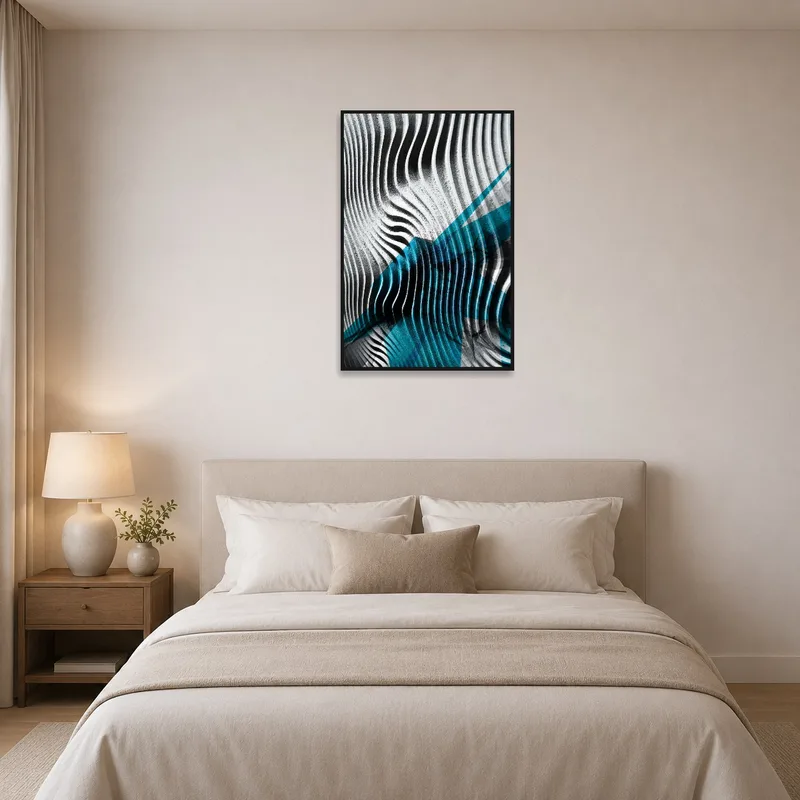 Black and blue wave art adds a touch of abstract elegance to a serene bedroom wall.