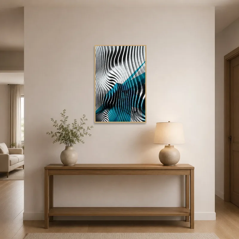 Abstract black and blue waves enliven an entrance hall's ambiance with movement.