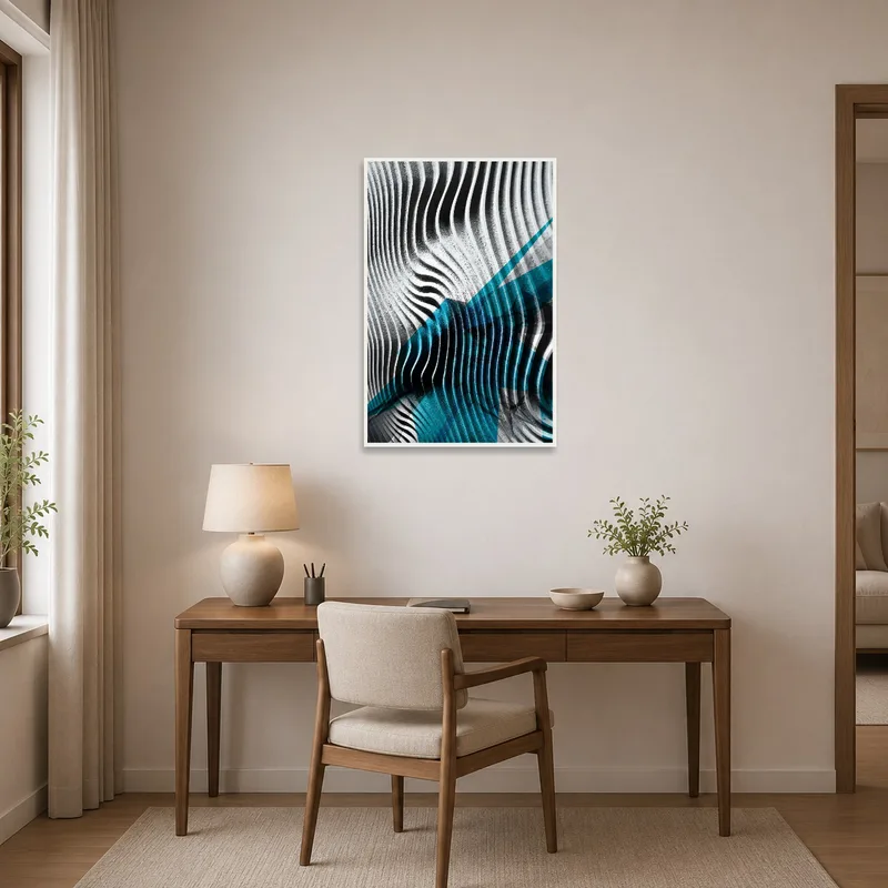 Bold black and blue wave art infusing creativity into a stylish home office.