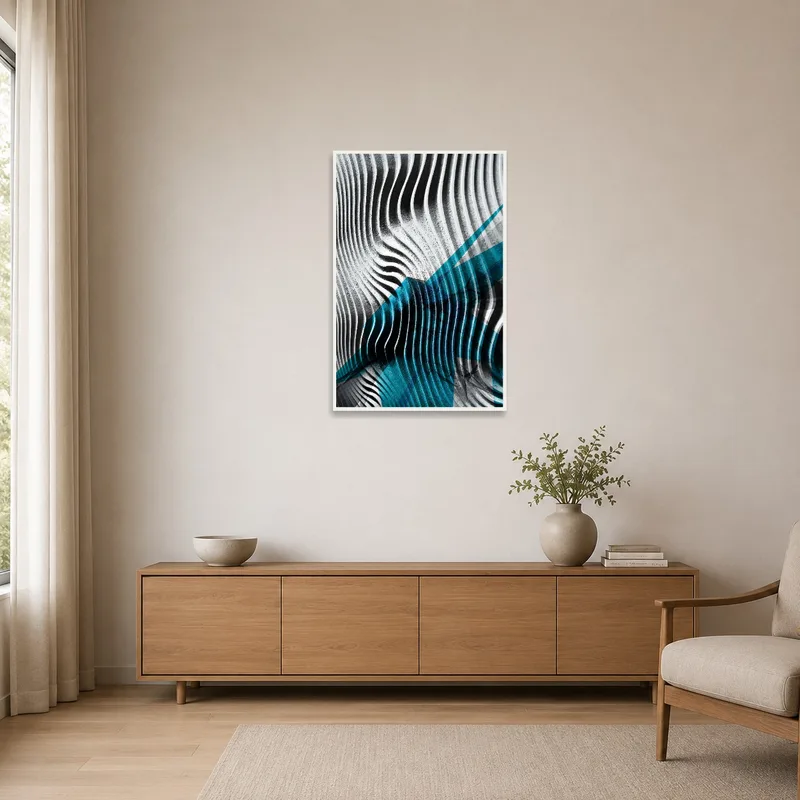 Sleek black and blue wave art accentuating a clean and simple minimalist interior.
