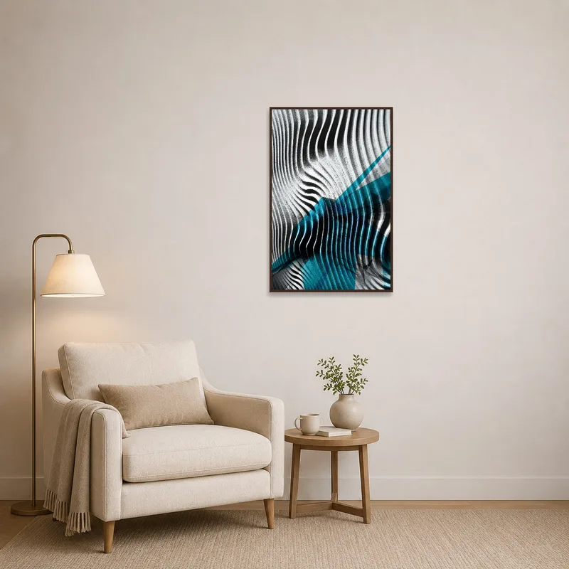 Dynamic waves in black and blue energize a cozy reading corner space.