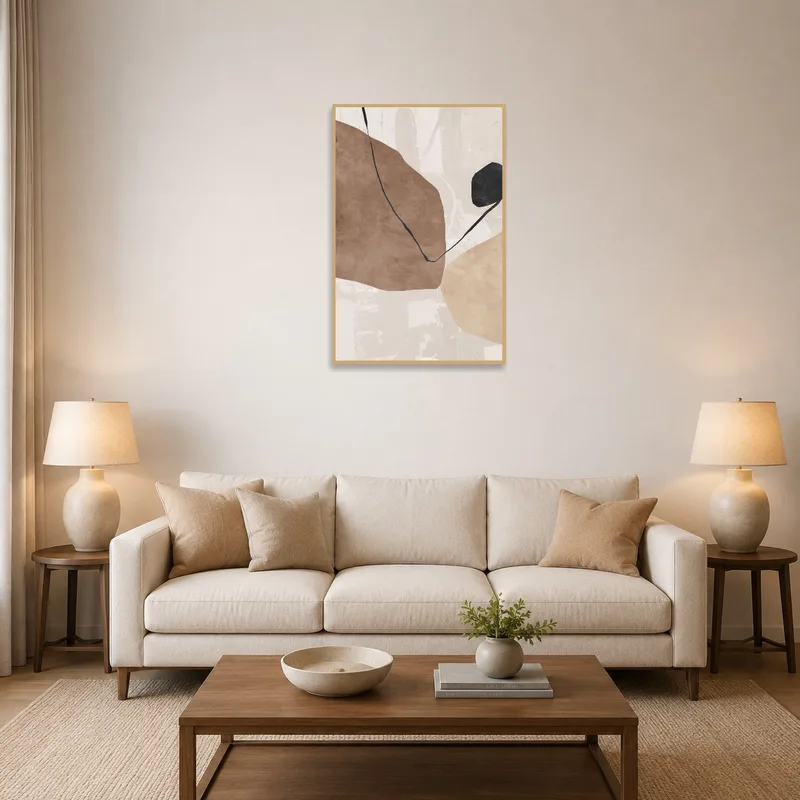Abstract expression art with earthy tones above a modern living room sofa.