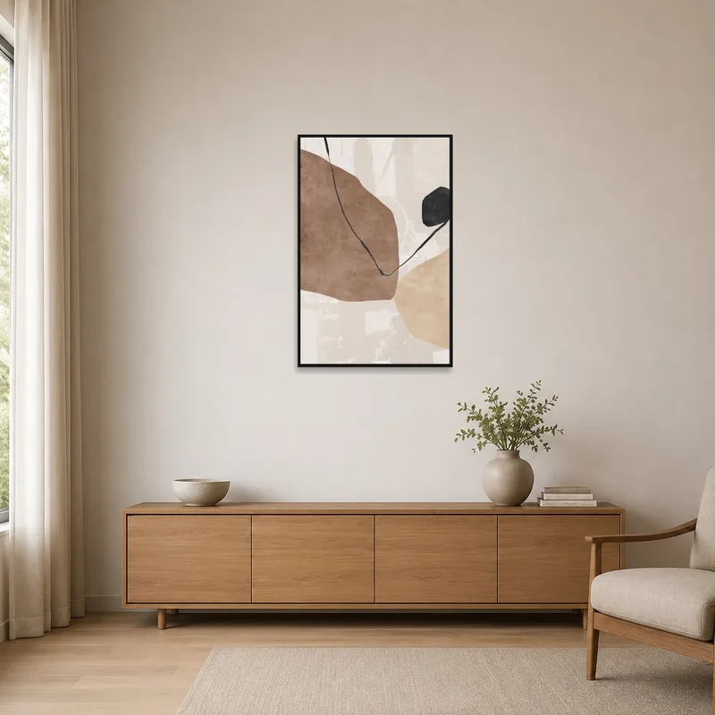 Simple abstract art piece enhancing a minimalist room with earthy colors.