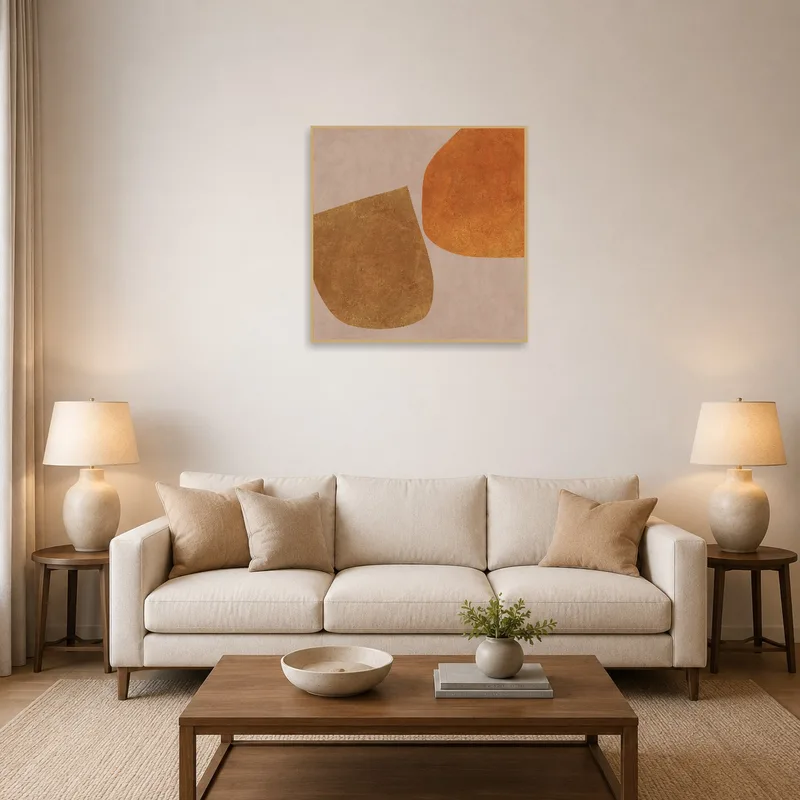 Earthy abstract geometric composition on a living room wall above a modern sofa.