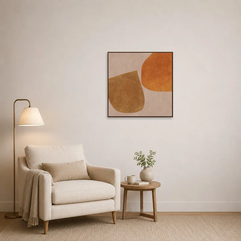 Abstract geometric artwork enhances the cozy vibe of a reading corner.